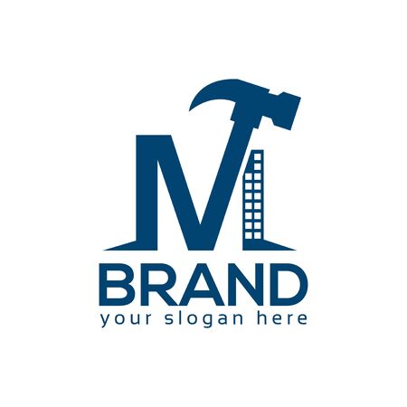 Letter M Hammer Logo. Flat design. Vector Illustration on white backgroundのイラスト素材