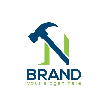 Letter N Hammer Logo. Flat design. Vector Illustration on white backgroundのイラスト素材