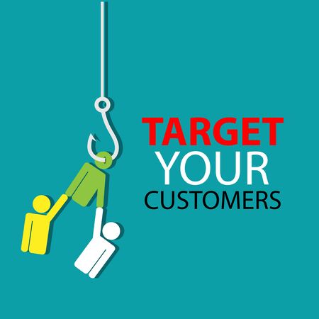 Target your customers with hook fish and people. Flat design. Vector Illustration on turquoise background.のイラスト素材