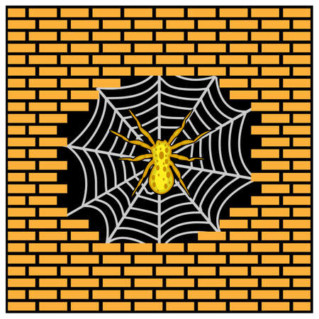Spider Nesting on Hole brick wall. Vector Illustration on Brick wall background.のイラスト素材