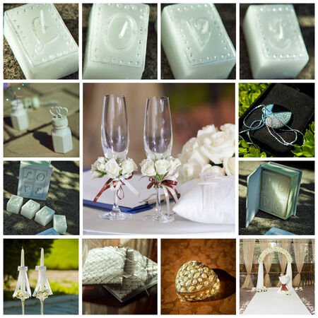 Prefect collage of wedding pictures decorations in light colourの写真素材