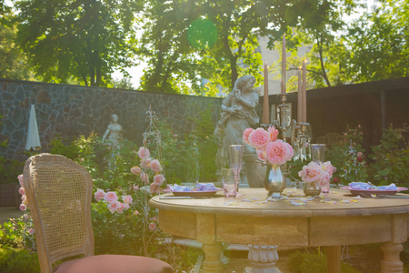 beautifully decorated table in the restaurantの写真素材