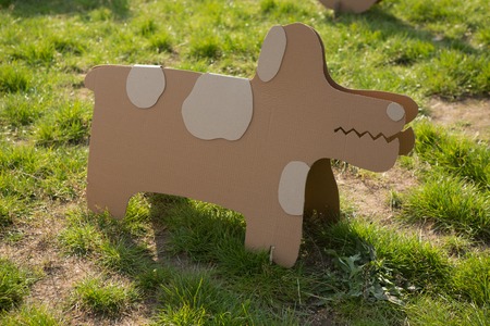 Creative decorations of cardboard  in park  Dogの写真素材
