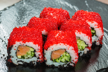 Japanese Cuisine - Sushi Roll with Tuna, Salmon, Conger and Flying Fish Roeの写真素材