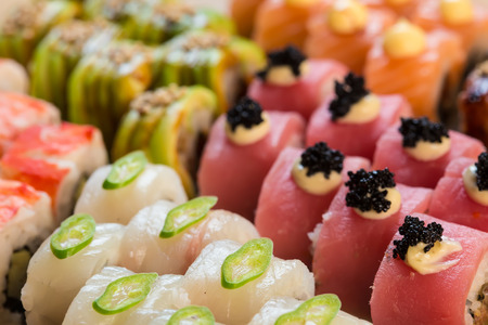 set of Japanese sushi on a white plateの写真素材