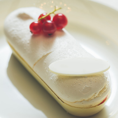 Single eclair with space for text on white plate. Warm colors. Shallow dof.