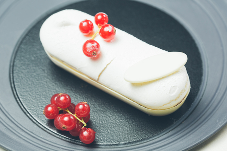 Single eclair with space for text on white plate. Warm colors. Shallow dof.