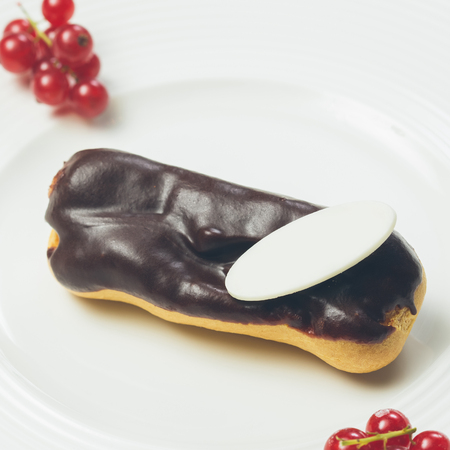 Single chocolate eclair with space for text on white  plate. Warm colors. Shallow dof.の写真素材