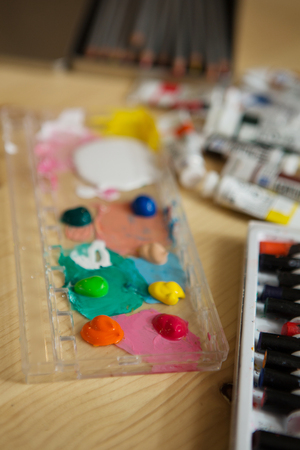 Closeup of messy, used water-color paint box. backgroundの写真素材