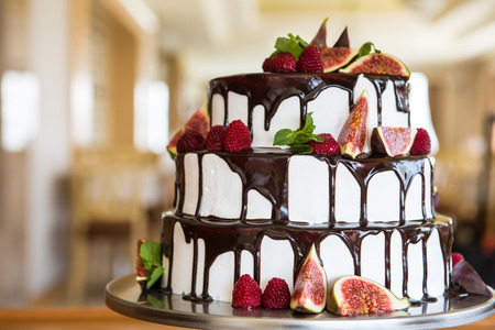 Chocolate cake with figs and raspberries close-upの写真素材
