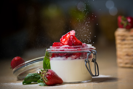 Strawberry tiramisu with mascarpone in glass. Close upの写真素材