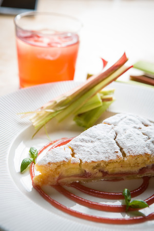 delicious rhubarb cake on white plate. sweet foodの写真素材