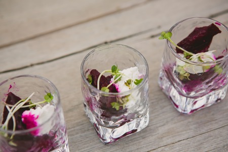 Vegetarian aperitif with beet, goat cheese and soy sproutsの写真素材