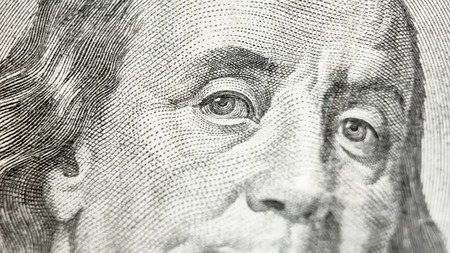 Macro close up of the US 100 dollar bill. Extreme macro. Shallow dof