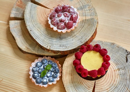fruit tartlets with raspberries and blueberries. の写真素材