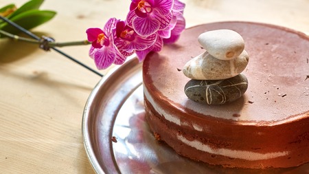 chocolate cake on wooden background. Shallow dofの写真素材