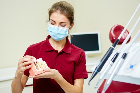 Portrait of happy female dentist in clinicの写真素材