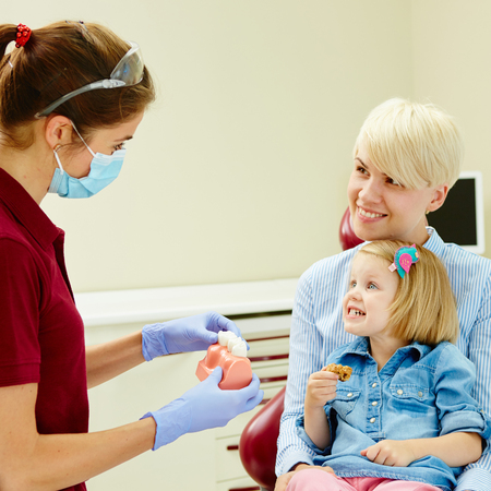 Pediatric dentist explaining to young patient and her mother the model in dental clinicの写真素材