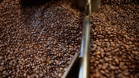 Freshly roasted coffee beans in a coffee roaster. Shallow dofの写真素材