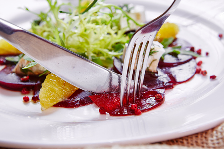 salad of roasted red beets and feta cheese with olive oilの写真素材