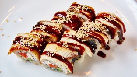 Japanese food restaurant - sushi rolls. Shallow dofの写真素材