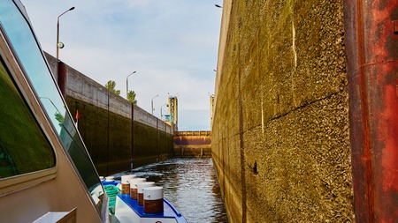 One of the locks on the navigable river Dnepr in Ukraineの写真素材