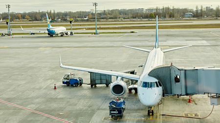 Boryspil, Ukraine - November 12, 2015: Aircraft ground handling  in airportのeditorial素材