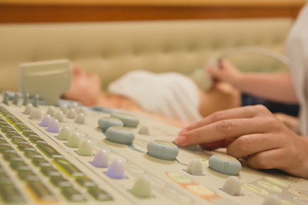 Ultrasound imaging of the abdomen in hospitalの写真素材