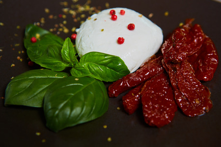 Buffalo mozzarella Burrata, basil and sun-dried tomatoesの写真素材