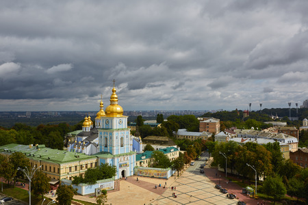Kyiv, Ukraine - September 7, 2013: View of St. Mikhail's minster chapel. Medieval priory with park...