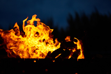 Close up shot of burning fire flame over ash inside of fireplaceの写真素材
