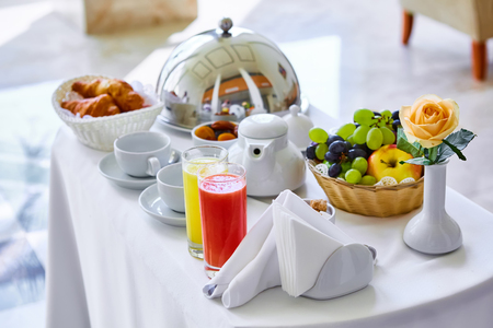delicious breakfast for two at the luxury hotel.の写真素材