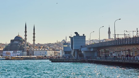 Istanbul, Turkey - April 1, 2017: The Galata bridge with fishermenのeditorial素材