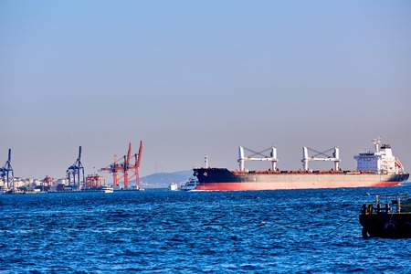Blue Tanker Ship Passing in Bosphorus Straitの写真素材