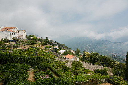 Scenic panoramic view of Ravello surroundings with agriculture terraces, Amalfi Coast, Campania, Italy.の写真素材
