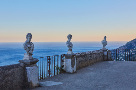 Scenic picture-postcard view of famous Amalfi Coast with Gulf of Salerno from Villa Cimbrone gardens in Ravello, Naples, Italyの写真素材