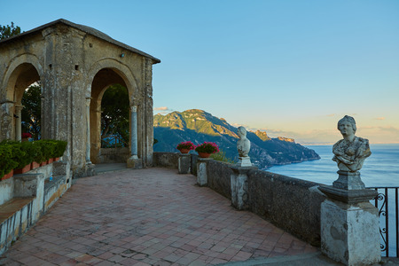 Scenic picture-postcard view of famous Amalfi Coast with Gulf of Salerno from Villa Cimbrone gardens in Ravello, Naples, Italyの写真素材