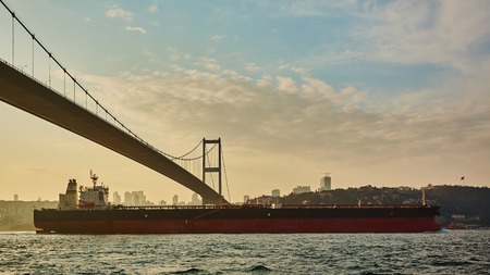 Turkey, Istanbul, Bosphorus Channel, Bosphorus Bridge, an cargo ship under the Bridge.の写真素材