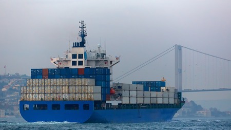 Container ship in the Bosphorus Strait. Istanbul, Turkey.