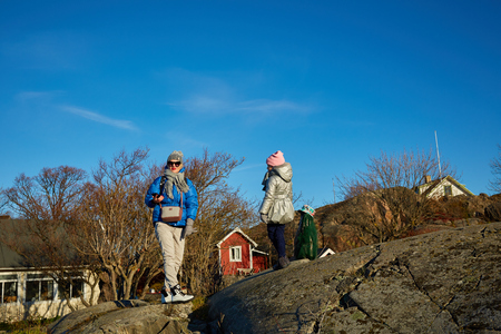 mother and little daughter travel in mountainsの写真素材