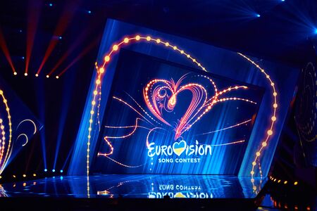 KYIV, UKRAINE - FEBRUARY 23, 2019: Logo Eurovision 2019 national selection during the Eurovision-2019のeditorial素材