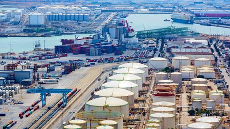 Barcelona, Spain - April 8, 2019: Industrial Port for freight transport and global business.のeditorial素材