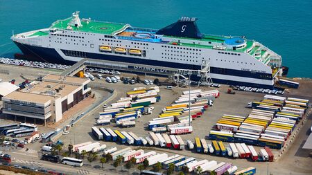 Barcelona, Spain - April 8, 2019: Industrial Port for freight transport and global business.のeditorial素材