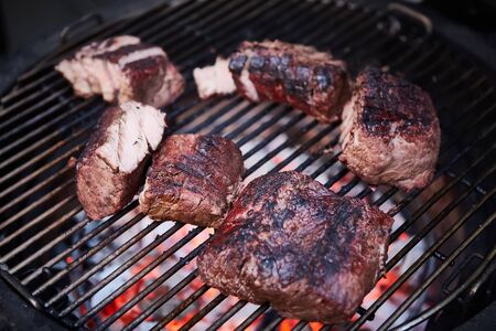 Roast beef at barbecue. Low temperature grilling barbecue