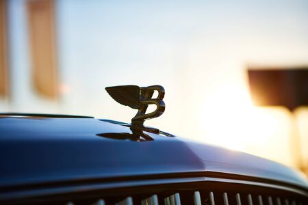 Kyiv, Ukraine - October 02, 2019: Bentley logo on the hood of Mulsanne. Mulsanne - launched in 2010...