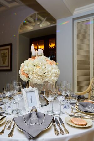 The luxury, elegant wedding reception table arrangement.