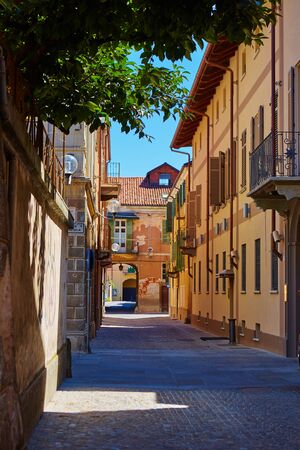 Empty Street in the Italian town Fossano in Province Cuneo, Region Piedmont, northern Italy.の写真素材