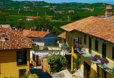 View of the town of Grinzane Cavour, Piemont, Italyの写真素材