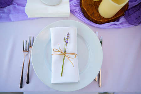 Table set for wedding or another catered event dinner.