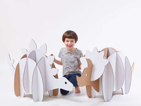 Little dreamer boy playing with a cardboard dinosaurs Triceratops and Stegosaurus. Childhood. Fantasy, imagination.の写真素材